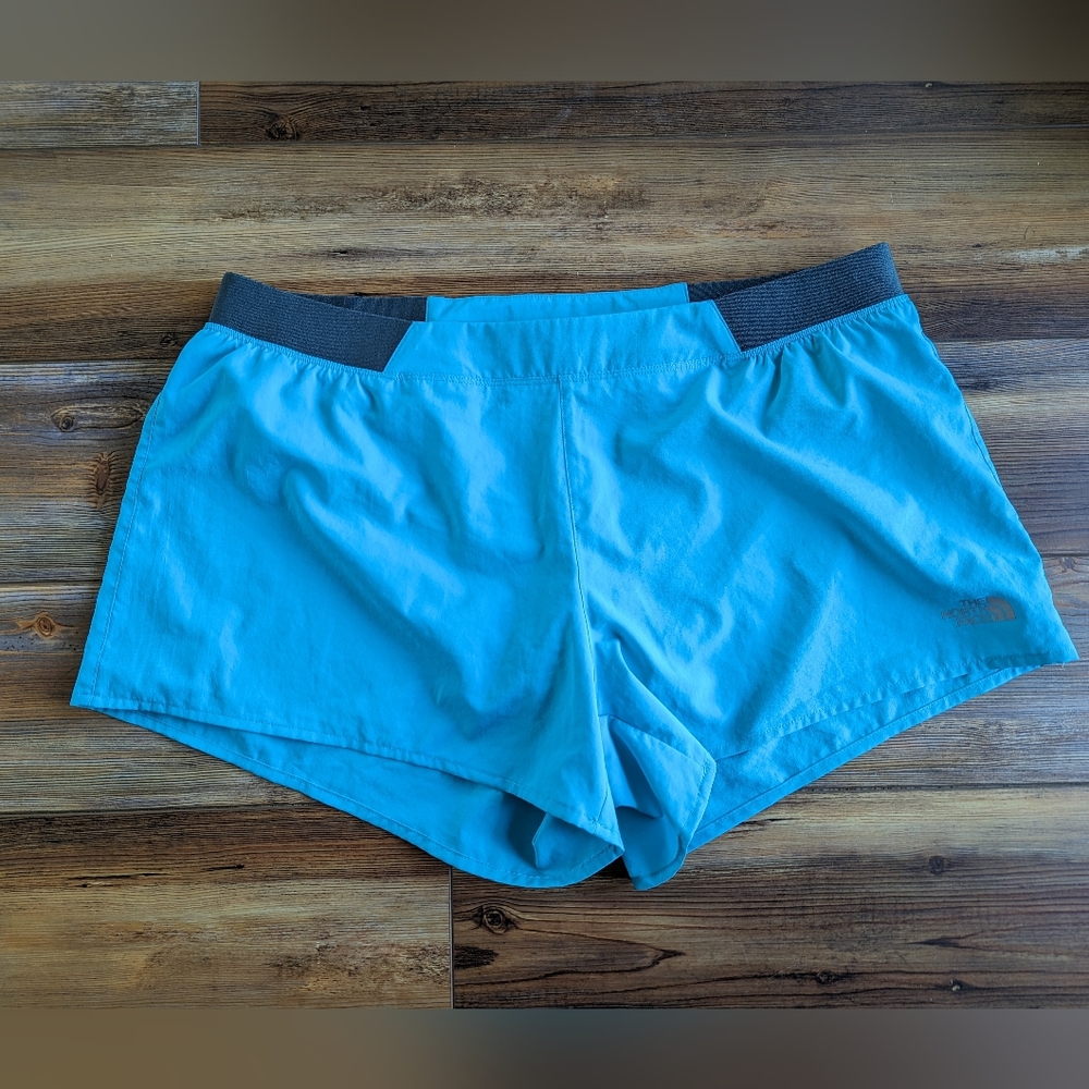The North Face Women's Aqua Blue Athletic Shorts with Gray Waistband